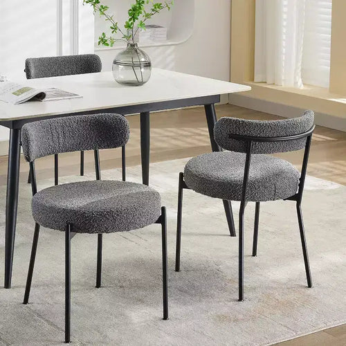 Acekool Mid-Century Dining Chairs Set of 2 with Boucle Upholstery, Curved Backrest & Adjustable Feet - Light Grey with Black Legs