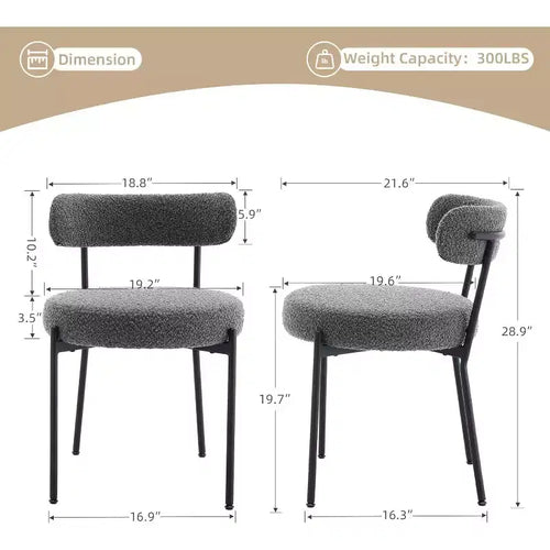 Acekool Chaises de salle à manger du milieu du siècle, lot de 2, avec revêtement en bouclé, dossier incurvé et pieds réglables - Gris clair avec pieds noirs