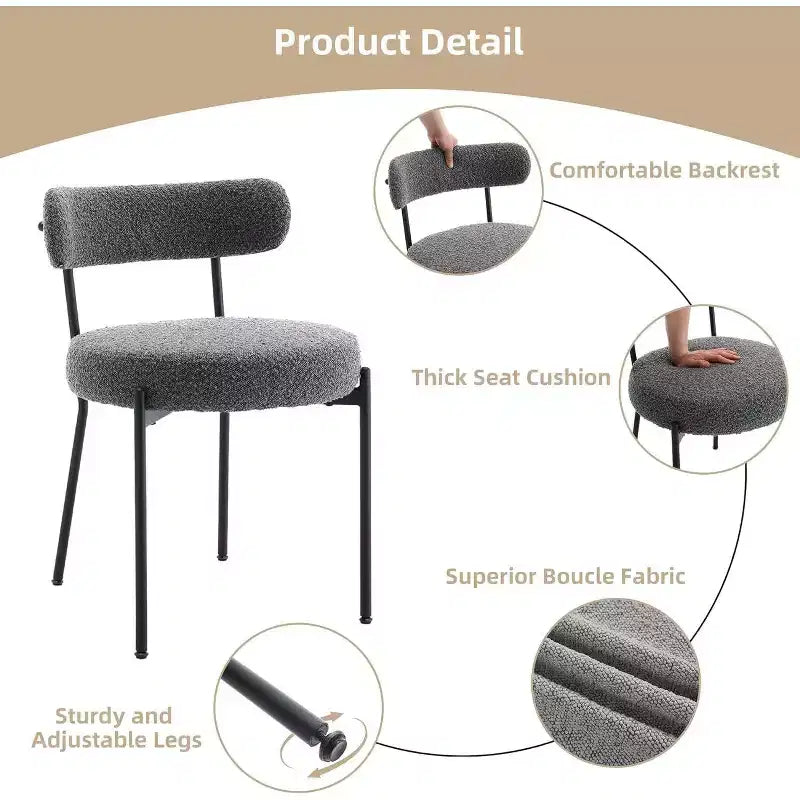 Acekool Chaises de salle à manger du milieu du siècle, lot de 2, avec revêtement en bouclé, dossier incurvé et pieds réglables - Gris clair avec pieds noirs