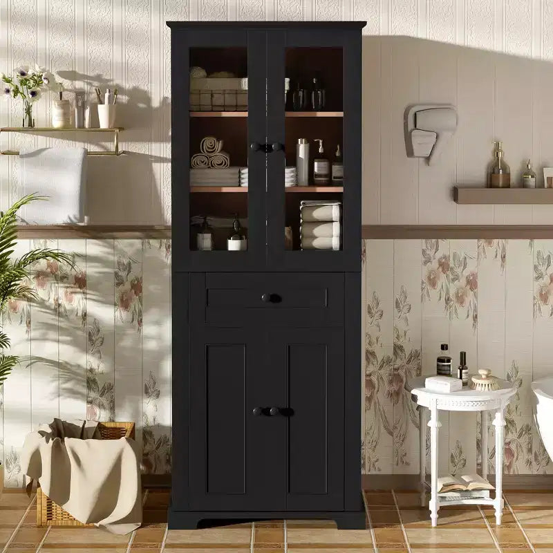 Meuble de rangement haut de salle de bain Whisen 67.2 avec portes en verre trempé, étagères réglables et tiroir, fermeture en douceur