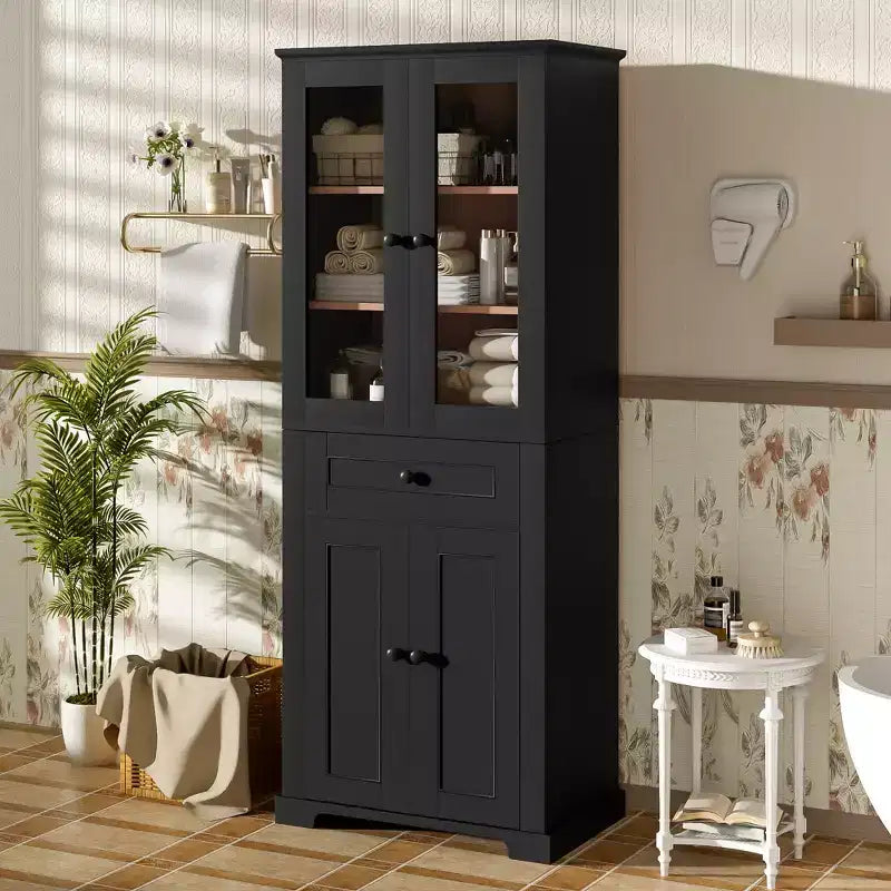 Meuble de rangement haut de salle de bain Whisen 67.2 avec portes en verre trempé, étagères réglables et tiroir, fermeture en douceur