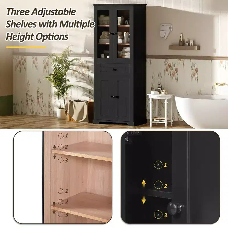 Meuble de rangement haut de salle de bain Whisen 67.2 avec portes en verre trempé, étagères réglables et tiroir, fermeture en douceur