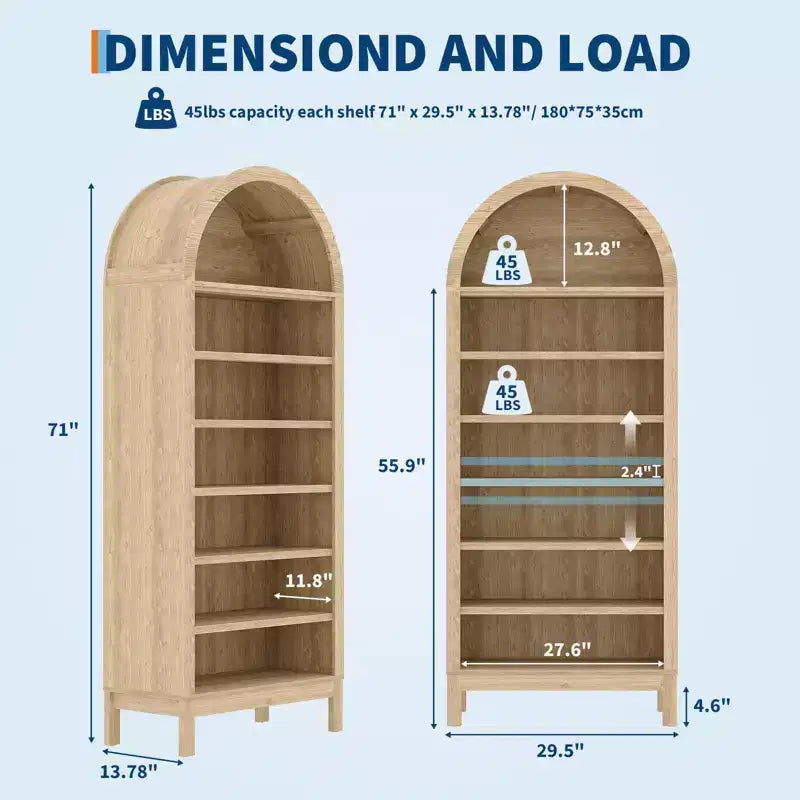Fulvari 71 Armoire de cuisine bombée, bibliothèque autoportante à 7 niveaux avec étagères réglables, étagère de rangement ouverte en bois