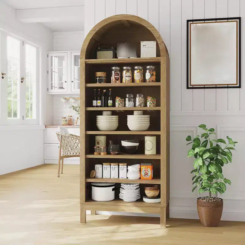 Fulvari 71 Armoire de cuisine bombée, bibliothèque autoportante à 7 niveaux avec étagères réglables, étagère de rangement ouverte en bois