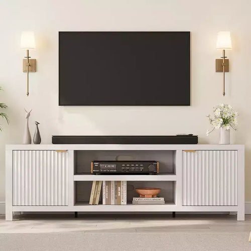 Meuble TV Acekool 70 moderne cannelé pour téléviseurs jusqu'à 80 pouces, console multimédia avec armoires de rangement, étagères réglables, centre de divertissement