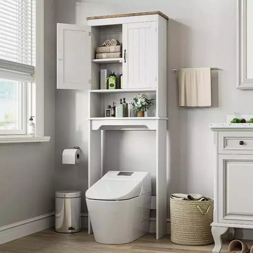 Acekool 23.6 x 8.5 x 66.3 Inch Over-the-Toilet Storage Cabinet, Bathroom Organizer with Double Doors, Adjustable Shelf & Open Shelf, Engineered Wood