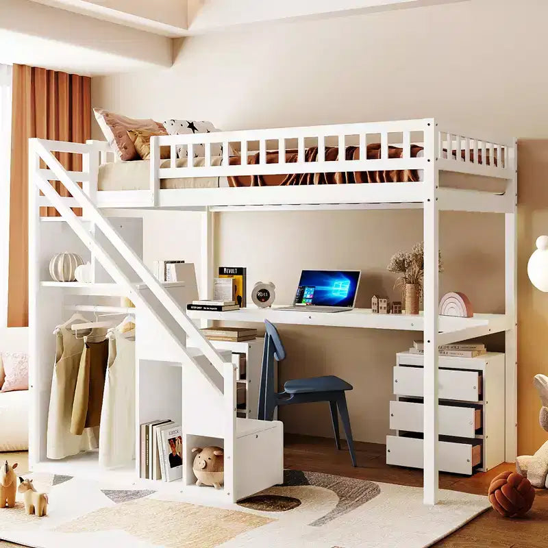 Lit mezzanine double/grand format avec bureau, bande lumineuse LED et deux commodes - ModernLuxe