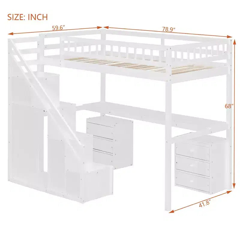 Lit mezzanine double/grand format avec bureau, bande lumineuse LED et deux commodes - ModernLuxe
