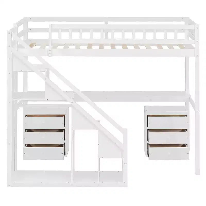 Lit mezzanine double/grand format avec bureau, bande lumineuse LED et deux commodes - ModernLuxe