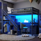 Lit mezzanine double/grand format avec bureau, bande lumineuse LED et deux commodes - ModernLuxe