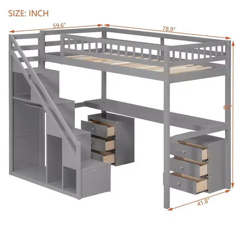 Lit mezzanine double/grand format avec bureau, bande lumineuse LED et deux commodes - ModernLuxe