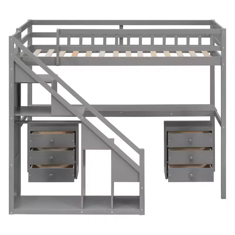 Lit mezzanine double/grand format avec bureau, bande lumineuse LED et deux commodes - ModernLuxe