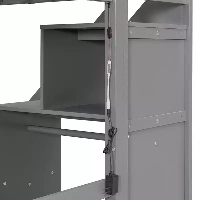 Lit mezzanine double/grand format avec bureau, bande lumineuse LED et deux commodes - ModernLuxe