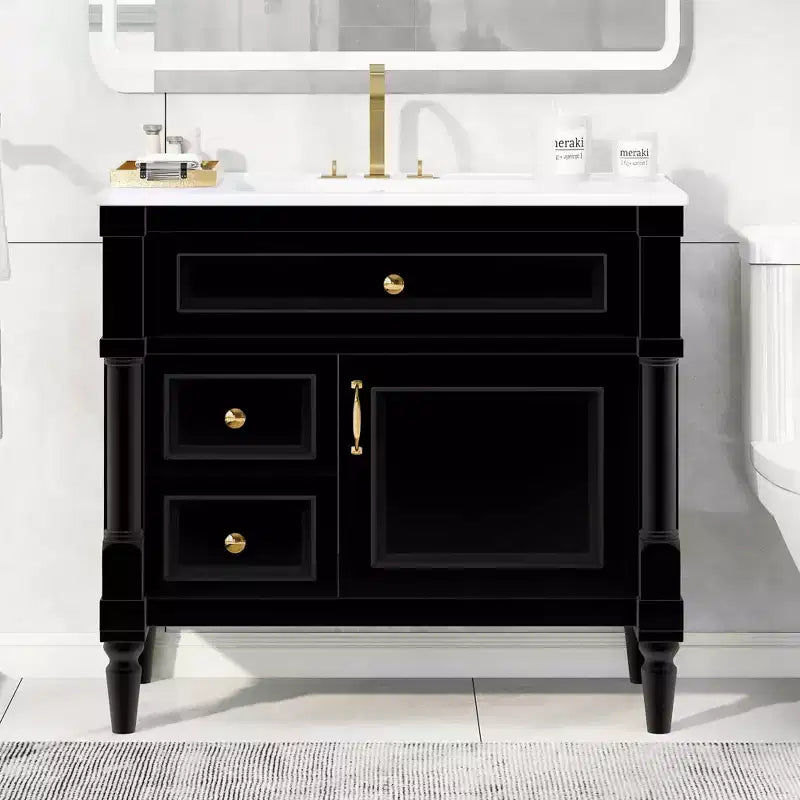 MAYEERTY 24 Meuble-lavabo de salle de bain avec évier Bois massif MDF 2 tiroirs 1 porte Étagère réglable Gris