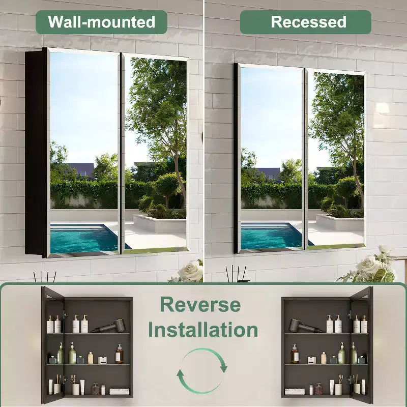 Armoire de toilette Belle avec miroir biseauté, encastrable ou murale, étagères réglables en verre trempé