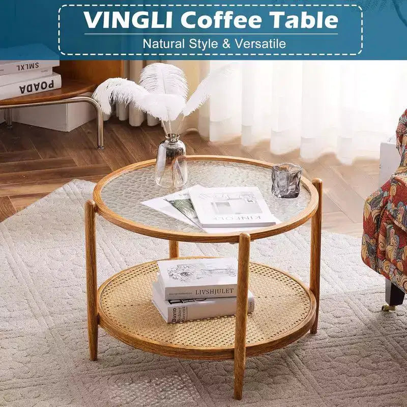 Table basse avec plateau rond en verre à double ondulation et rotin PE assorti à une structure en fer à transfert thermique effet bois
