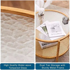 Table basse avec plateau rond en verre à double ondulation et rotin PE assorti à une structure en fer à transfert thermique effet bois