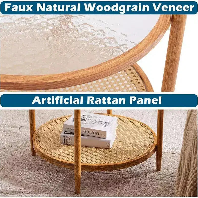 Table basse avec plateau rond en verre à double ondulation et rotin PE assorti à une structure en fer à transfert thermique effet bois