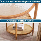 Table basse avec plateau rond en verre à double ondulation et rotin PE assorti à une structure en fer à transfert thermique effet bois
