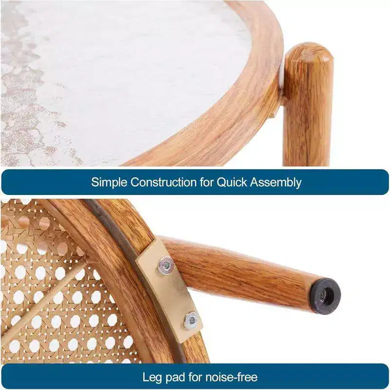 Table basse avec plateau rond en verre à double ondulation et rotin PE assorti à une structure en fer à transfert thermique effet bois