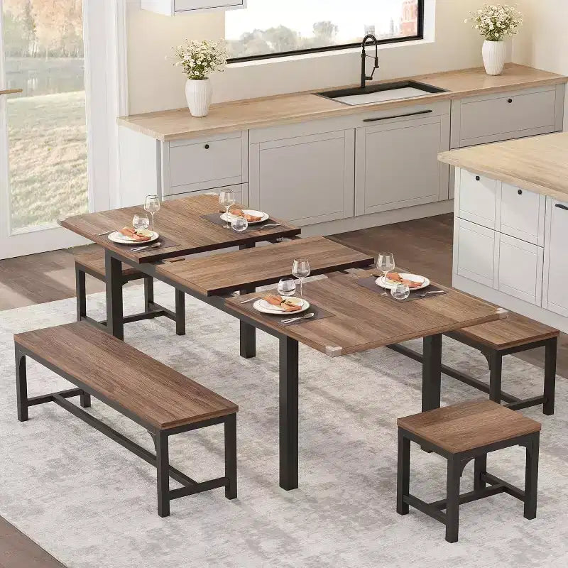 Ensemble de table à manger extensible pour 48 personnes avec bancs et tabourets, grande table de cuisine et de salle à manger en bois de 63 pouces