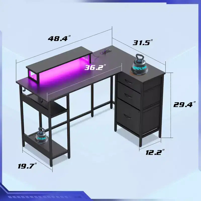 GALAXHERO Bureau Gamer en L de 120 cm, Bureau d'Angle Informatique avec Rangement, Prises de Courant et Lumières LED, Bureau de Travail/Gaming pour Chambre