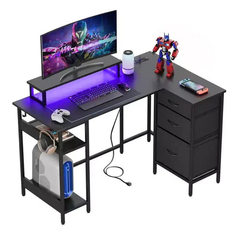 GALAXHERO 47-Inch L-Shaped Gaming Desk, Corner Computer Desk with Storage, Power Outlets & LED Lights, Office/Gaming Desk for Bedroom