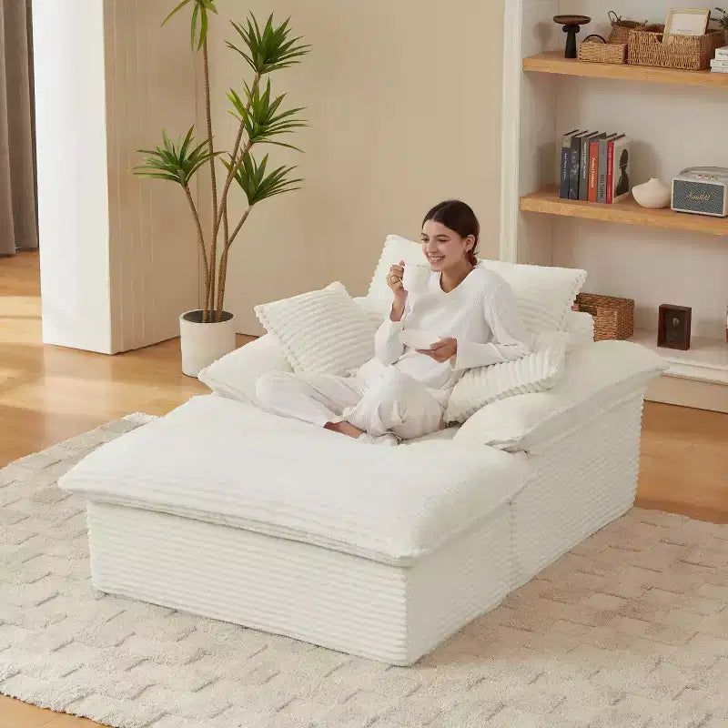 Pexfix 55 po. L Canapé moderne rembourré en velours côtelé une place avec oreillers et repose-pieds, chaise longue pour salon, chambre, appartement, bureau, blanc