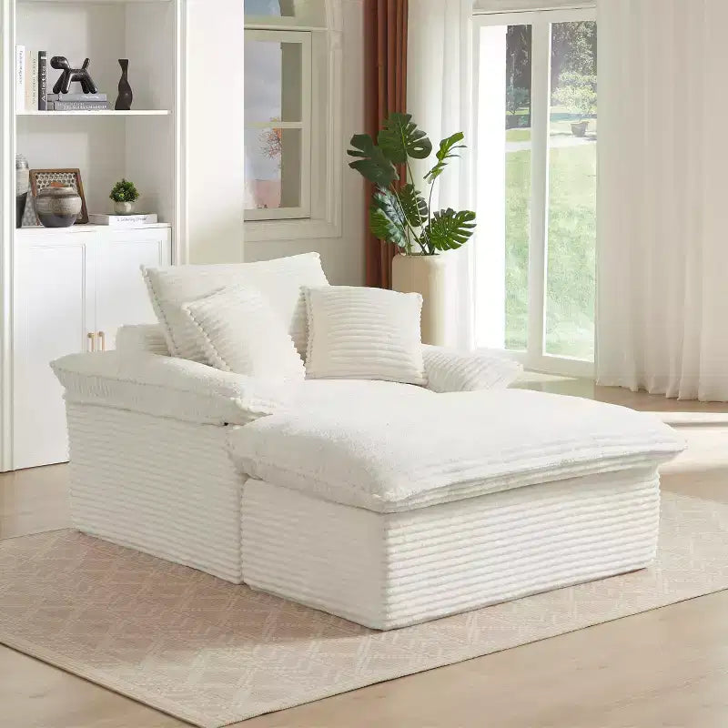 Pexfix 55 po. L Canapé moderne rembourré en velours côtelé une place avec oreillers et repose-pieds, chaise longue pour salon, chambre, appartement, bureau, blanc