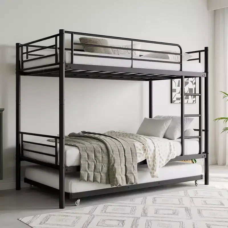 MAYEERTY Twin Size Black Metal Bunk Bed with Trundle Ladder Full Length Guardrail Noise Free No Box Spring Needed