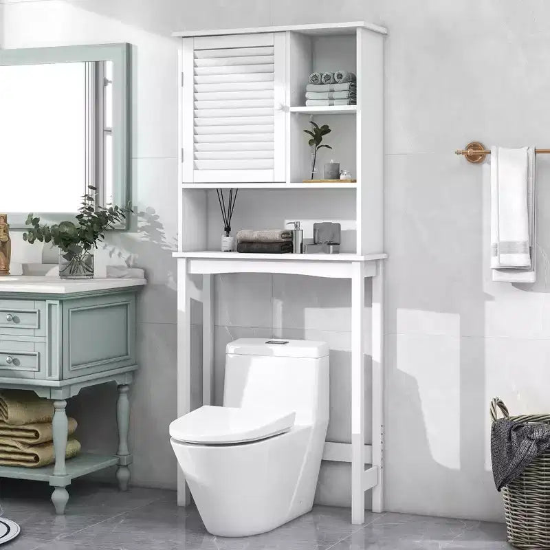 TROPOW Toilet Organizer with Adjustable Shelf, Freestanding Cabinet with Shutter Door and Open Storage Space for Bathroom White