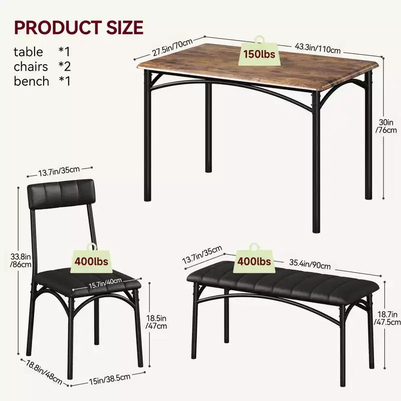 Ensemble de salle à manger 4 pièces avec table, banc et 2 chaises, dinette moderne peu encombrante