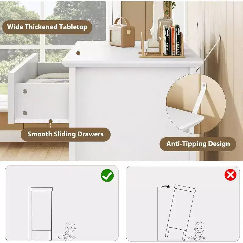 Commode moderne à 3 tiroirs avec design cannelé, sangles anti-basculement et glissières silencieuses pour chambre, salon, salle de bain