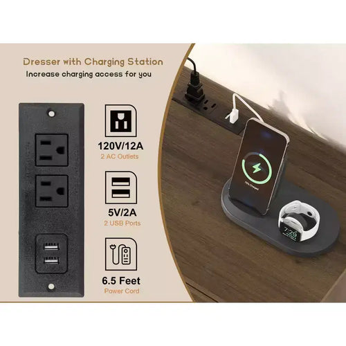52.1 Commode en rotin avec station de charge, commode en bois à 6 tiroirs pour chambre à coucher avec tiroirs de capacités variées