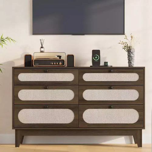 52.1 Rattan Dresser with Charging Station, 6-Drawer Wood Dresser for Bedroom with Varied Capacity Drawers