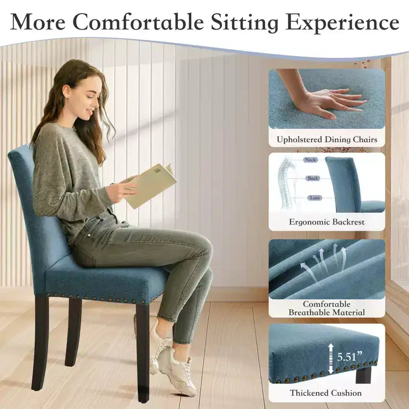 Lot de 2 chaises de salle à manger modernes, chaises de cuisine en tissu rembourré avec garniture cloutée, chaises de salle à manger confortables pour petit appartement, maison