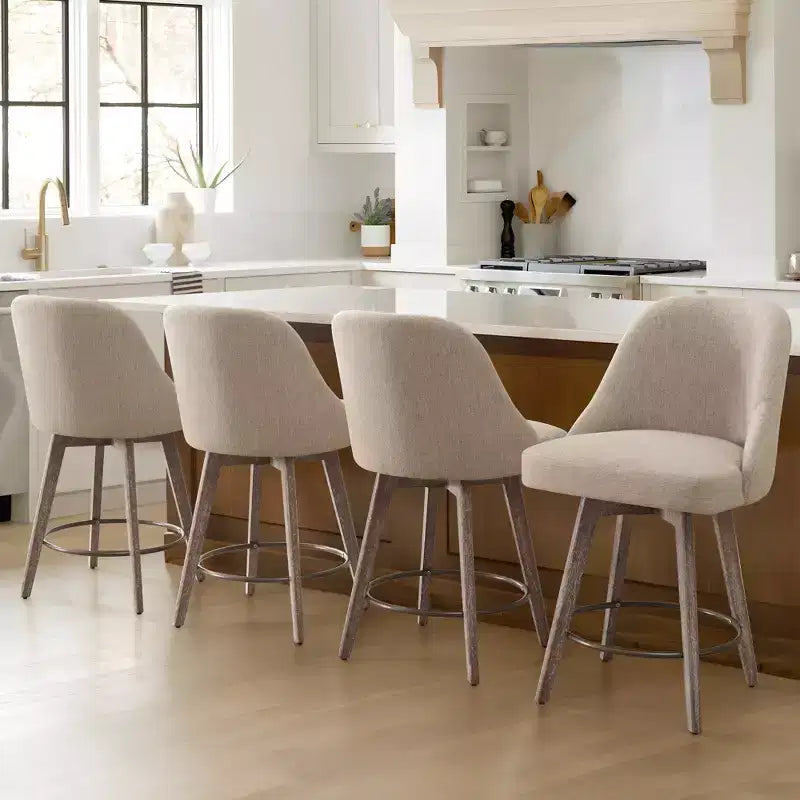 Lot de 4 tabourets de bar pivotants Bekrvio de 66 cm avec dossiers et pieds en bois, tabourets de bar rembourrés en tissu lin/cuir PU pour îlot de cuisine