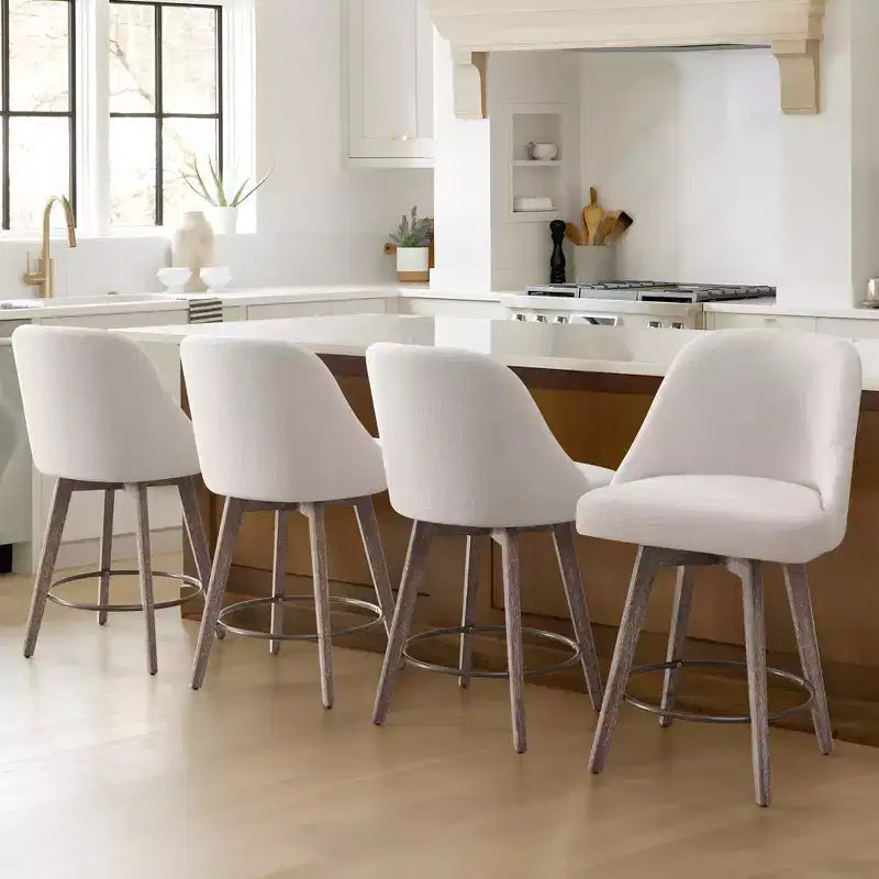 Lot de 4 tabourets de bar pivotants Bekrvio de 66 cm avec dossiers et pieds en bois, tabourets de bar rembourrés en tissu lin/cuir PU pour îlot de cuisine