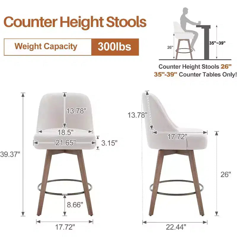 Lot de 4 tabourets de bar pivotants Bekrvio de 66 cm avec dossiers et pieds en bois, tabourets de bar rembourrés en tissu lin/cuir PU pour îlot de cuisine