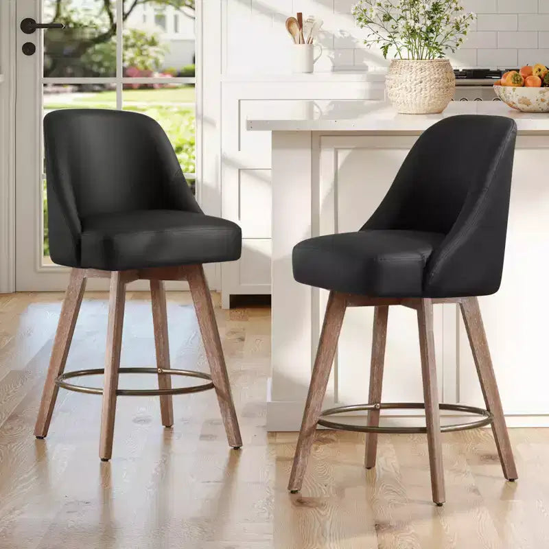 Lot de 4 tabourets de bar pivotants Bekrvio de 66 cm avec dossiers et pieds en bois, tabourets de bar rembourrés en tissu lin/cuir PU pour îlot de cuisine