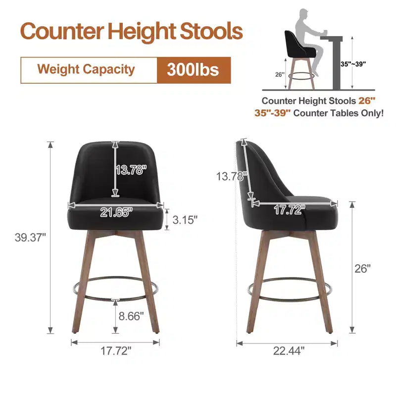 Lot de 4 tabourets de bar pivotants Bekrvio de 66 cm avec dossiers et pieds en bois, tabourets de bar rembourrés en tissu lin/cuir PU pour îlot de cuisine
