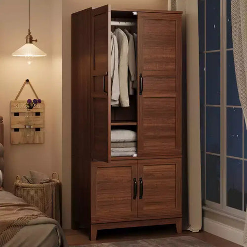 72 Wooden Wardrobe Cabinet with Hanging Rod, Freestanding Tall Clothing Armoire Cabinet with 18 Adjustable Shelves