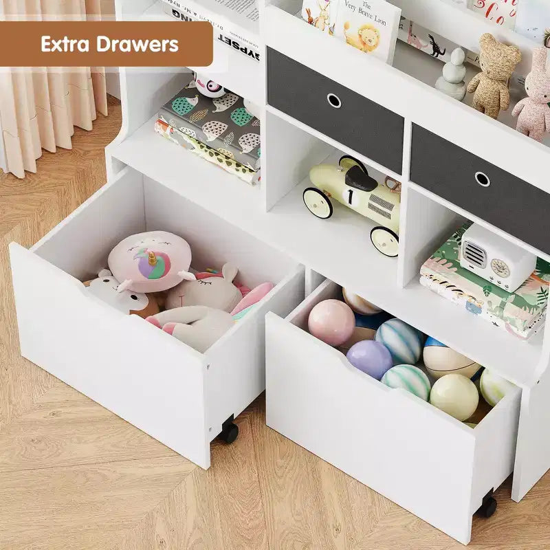 COZONY 47 Organisateur de Rangement de Jouets avec Tiroirs, Étagère à Livres en Bois et Bibliothèque à Casiers pour Enfants, Coffre à Jouets pour Salle de Jeux, Chambre de Bébé, Chambre d'Enfant, Blanc