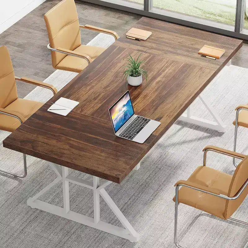 Grande table à manger rectangulaire Okak en bois rustique avec pieds métalliques en X, longue table de cuisine moderne pour salle à manger, repas de famille