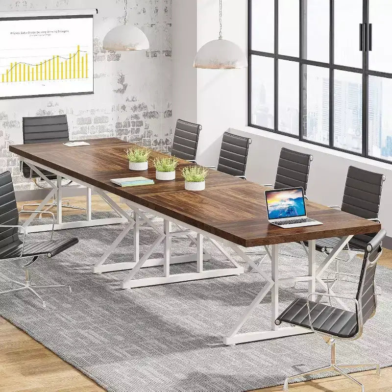 Grande table à manger rectangulaire Okak en bois rustique avec pieds métalliques en X, longue table de cuisine moderne pour salle à manger, repas de famille