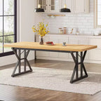 Grande table à manger rectangulaire Okak en bois rustique avec pieds métalliques en X, longue table de cuisine moderne pour salle à manger, repas de famille