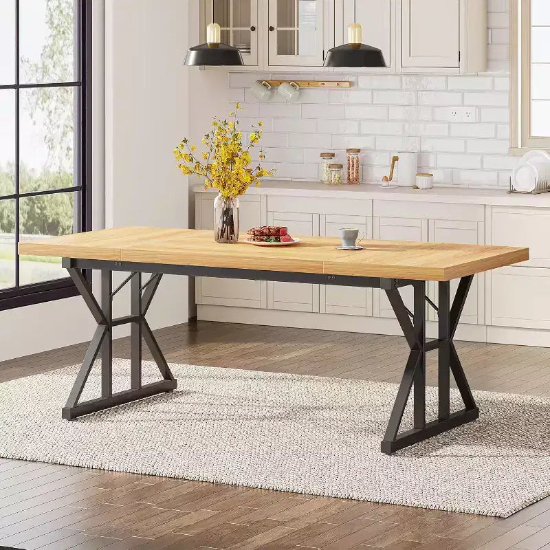 Grande table à manger rectangulaire Okak en bois rustique avec pieds métalliques en X, longue table de cuisine moderne pour salle à manger, repas de famille