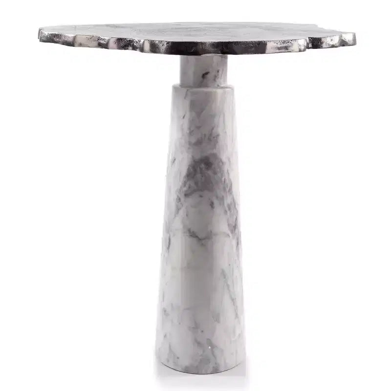HomeRoots 22 Table d'appoint piédestal en aluminium et marbre argent et blanc