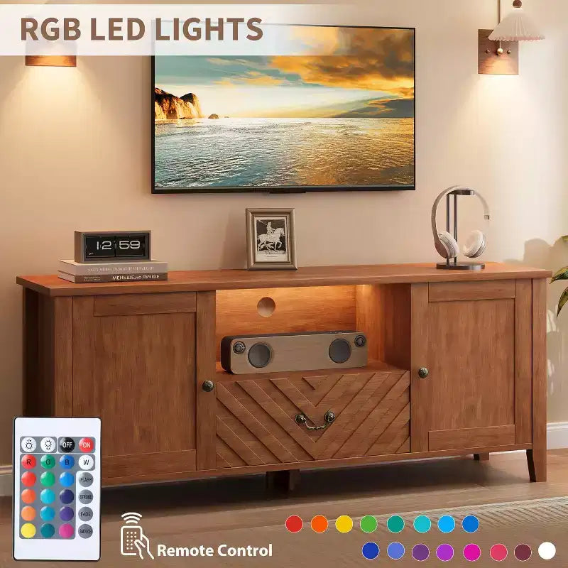 Meuble TV pour téléviseur de 65 pouces, meuble de divertissement avec lumières LED, console TV avec 2 rangements et 1 tiroir, meuble TV rétro en forme de V pour salon