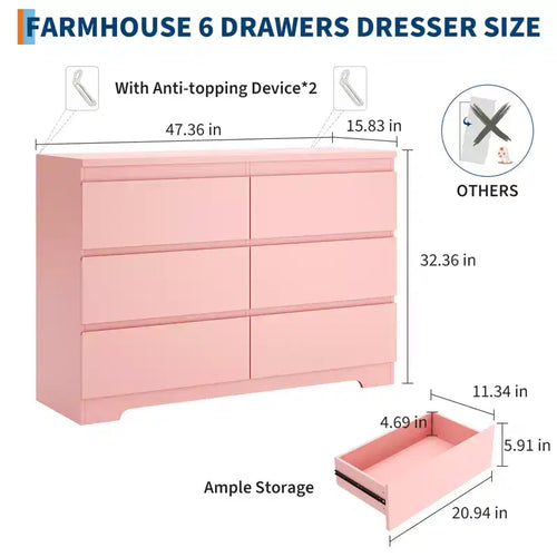 Commode à 6 tiroirs pour chambre à coucher, commode en bois de 120 cm de large, organisateur de rangement, meuble TV pour salon, couloir, entrée